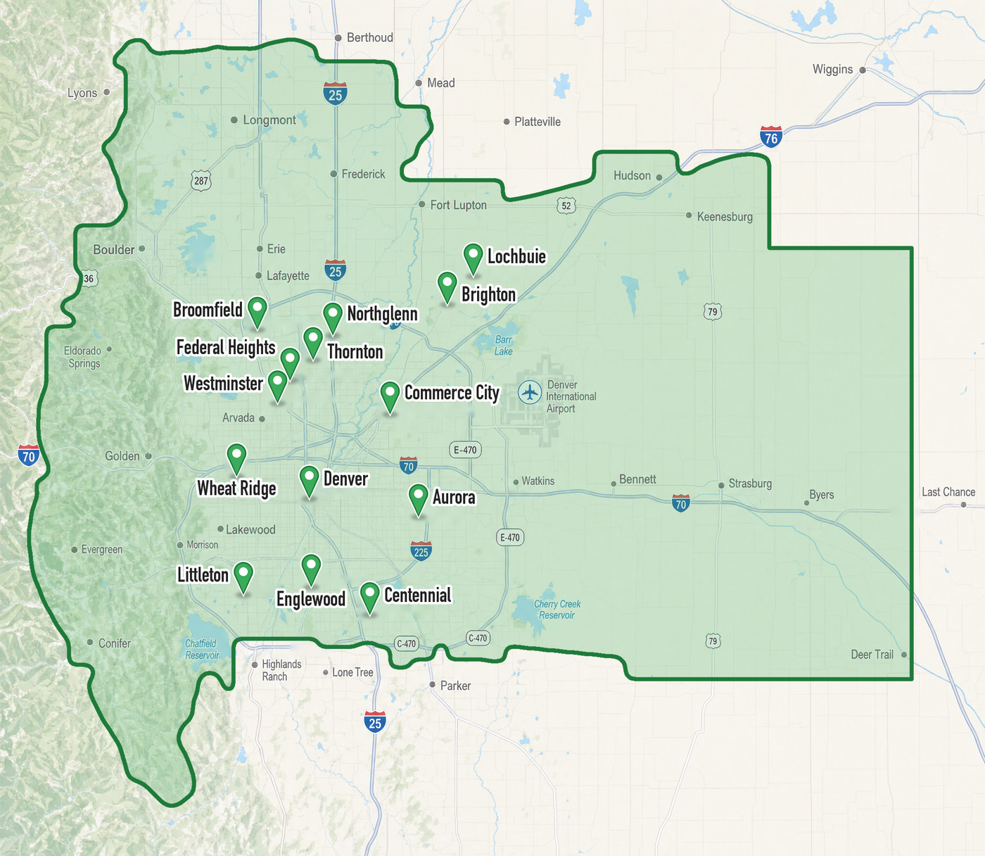 DumpsterDash Denver service area map covering Boulder, Longmont, Brighton, Denver, Aurora, Littleton and surrounding cities