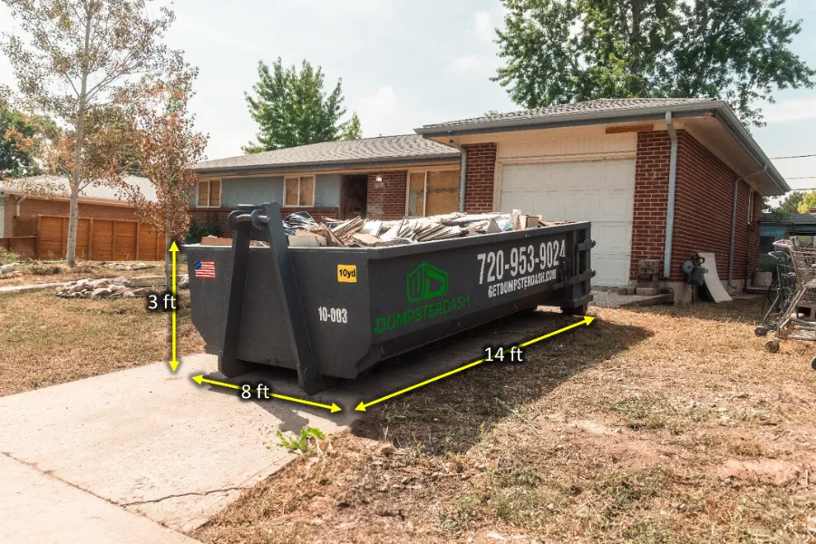 10 yard DumpsterDash roll-off dumpster, 14 × 8 × 3 ft