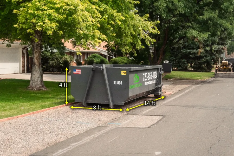 15 yard DumpsterDash roll-off dumpster, 14 × 8 × 4 ft