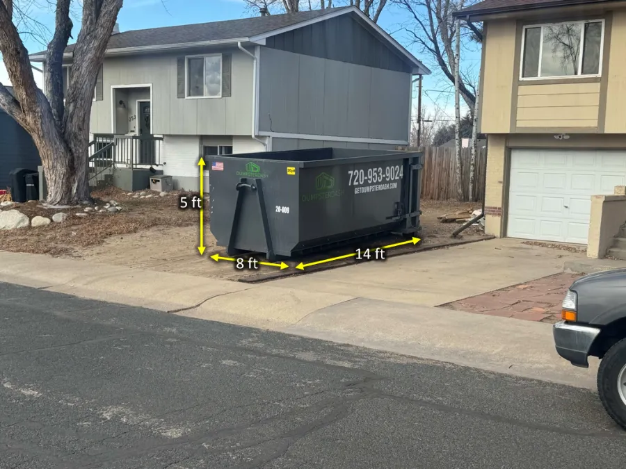 20 yard DumpsterDash roll-off dumpster, 14 × 8 × 5 ft