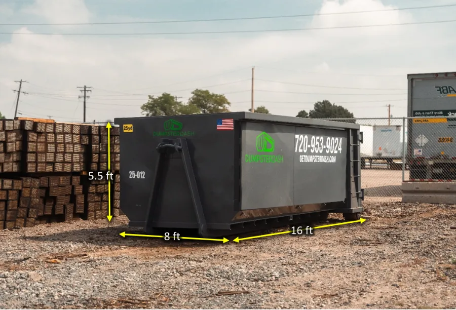 25 yard DumpsterDash roll-off dumpster, 16 × 8 × 5.5 ft