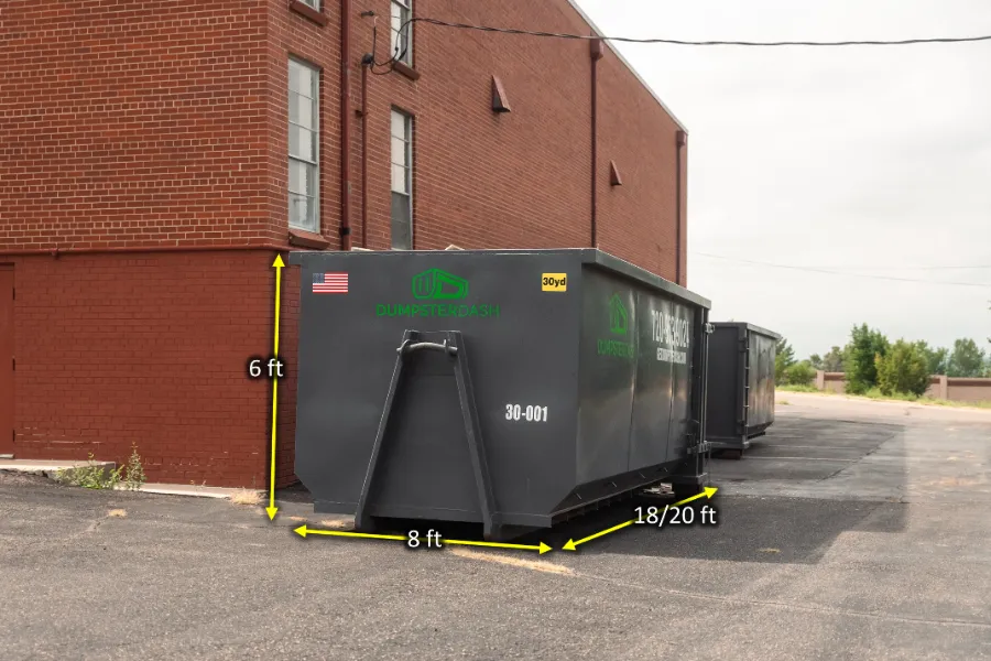 30 yard DumpsterDash roll-off dumpster, 18/20 × 8 × 6 ft