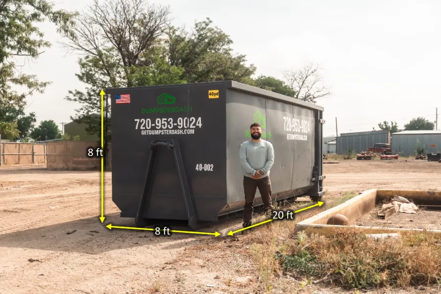 40 yard DumpsterDash roll-off dumpster, 20 × 8 × 8 ft