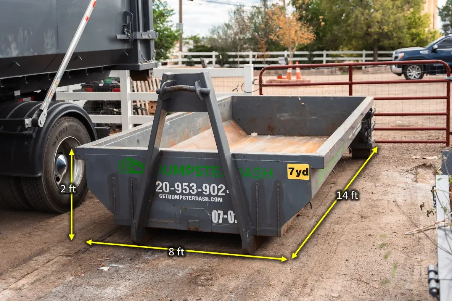 7 yard DumpsterDash roll-off dumpster, 14 × 8 × 2 ft